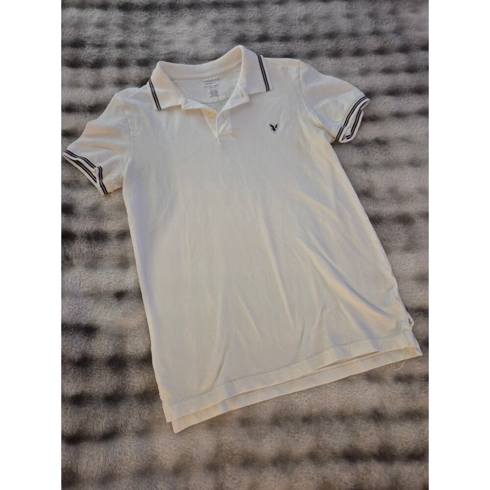 American Eagle Super Soft Slim Fit Polo Shirt White W/ Black Trim S